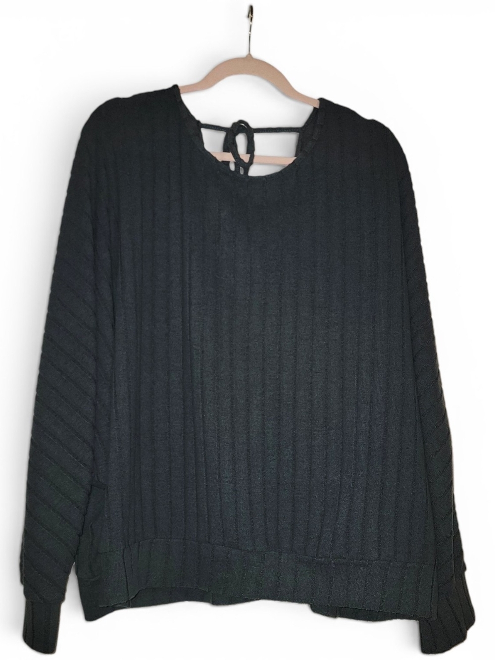 SHEIN Black Ribbed Crew Neck Sweater with Back Tie
